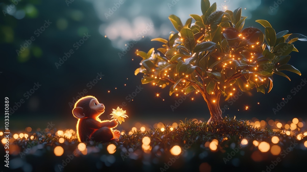Poster a charming scene of a young creature interacting with a glowing tree, surrounded by shimmering light