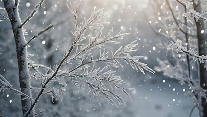 Naklejka premium digital abstract illustration background artwork depicting a fantasy serene winter landscape showcasing a snow covered field surrounded by leafless trees, with glitters in the air