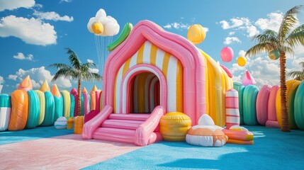 Colorful inflatable playhouse in a vibrant outdoor setting
