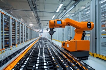 Industrial Robot Arm on Automated Conveyor Belt System in a Factory