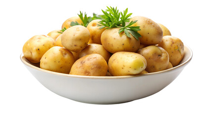 Potatoes in a white bowl on a transparent background. 