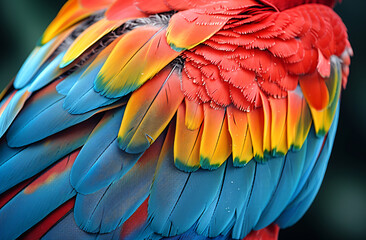 Obraz premium Close-up of colorful parrot feathers, vibrant reds and yellows with blue green highlights, exotic texture background