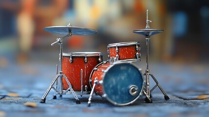 A miniature drum set on a blurred background, showcasing musical instruments and creativity.