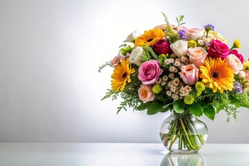 Naklejka premium Bouquet of flowers on white gradient background panoramic