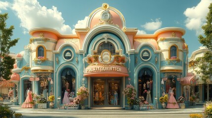 Fototapeta premium A colorful storefront with pastel colors, the building is adorned with intricate detailing, and the store name reads 