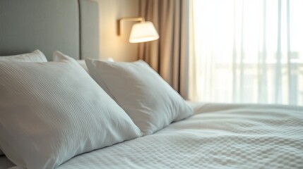 A close-up of a bed with white linens, two fluffy pillows, and a bedside lamp. The bed is situated near a window with a curtain drawn back, allowing natural light to flood the room.