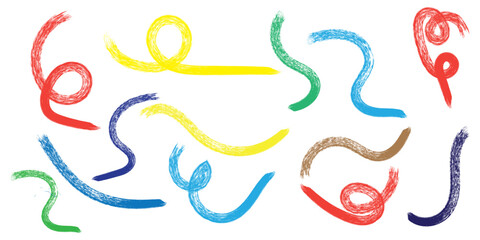 Fototapeta premium Collection colorful bold curved lines with loops isolated on white. Hand drawn bold grunge wavy and swirled brush strokes. Simple childish vector scribbles and squiggles. Creative trendy style design.