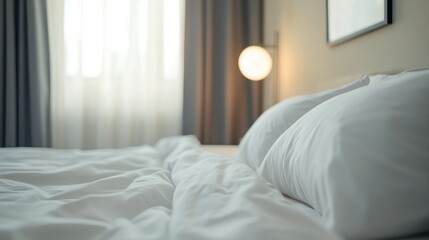 A close-up of a bed with white sheets and pillows in a modern bedroom.