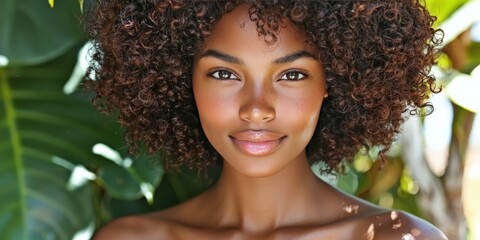 Beautiful Woman with Curly Hair Smiling Outdoors