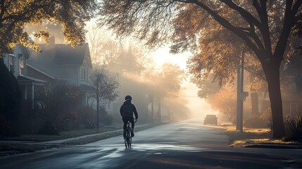 Lone Cyclist Rides Through Misty Neighborhood Street at Dawn