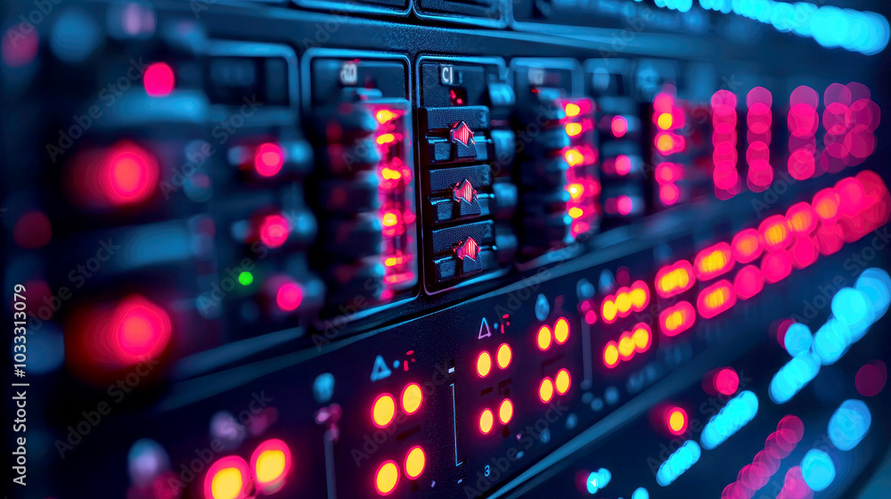 Poster Close-up of a control panel with illuminated buttons and knobs, likely for audio or technology equipment.