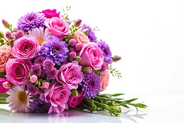 Bouquet of pink and purple flowers on white background