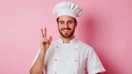 A cheerful chef poses in a white uniform with a hat against a pink background while giving a friendly gesture, highlighting culinary enthusiasm