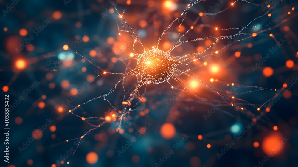 Poster abstract neuron with glowing connections and bokeh
