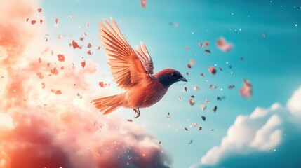 Fototapeta premium A fantastical creature with shimmering wings emerges from a swirling nebula, its eyes filled with an otherworldly wisdom.