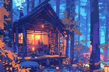 Obraz premium A mysterious cabin in the woods with a glowing lantern on the porch, cozy vibe, Generative AI