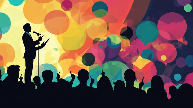 Vibrant silhouette of a speaker engaging an enthusiastic crowd