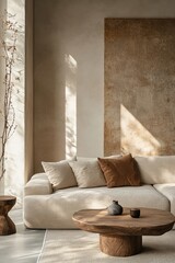 Creative composition of stylish modern spacious living room with grey sofa, wooden cubes, pillows, plaid, carpet, white vases and small personal accesories. Copy space, Generative AI