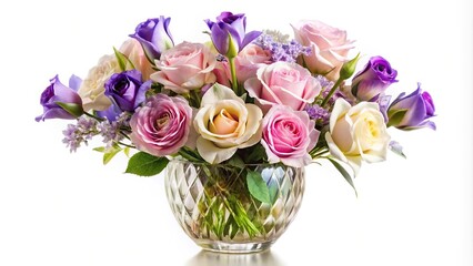 Fototapeta premium Bouquet of roses and irises in crystal vase, isolated on white background