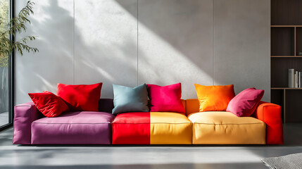A modern living room featuring a vibrant sofa with colorful cushions
