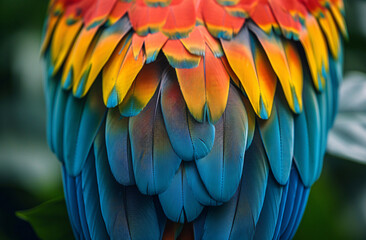 Fototapeta premium Close-up of colorful parrot feathers texture background, red yellow green blue macaw bird plumage pattern