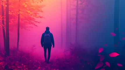 Naklejka premium Solitary figure walking through a mystical fog shrouded forest with a vibrant color palette