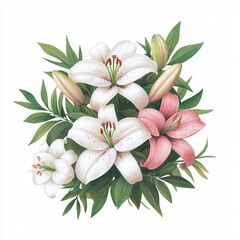 Beautiful bouquet of pink and white lilies with greenery, white isolated background.