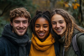 Obraz premium Group of vibrant friends looking at the camera outdoors, Generative AI