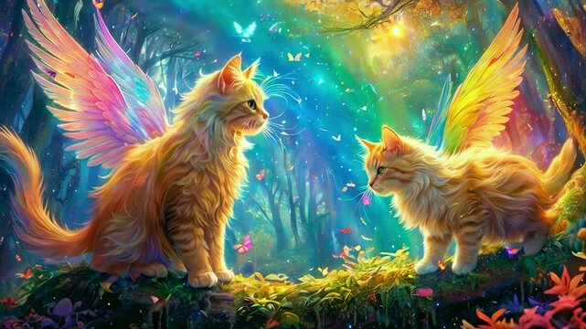 Light Winged Cats Explore the Rainbow Forest