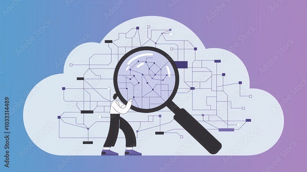 Aufkleber magnifying glass examining digital cloud data and network connections for analysis research and tech