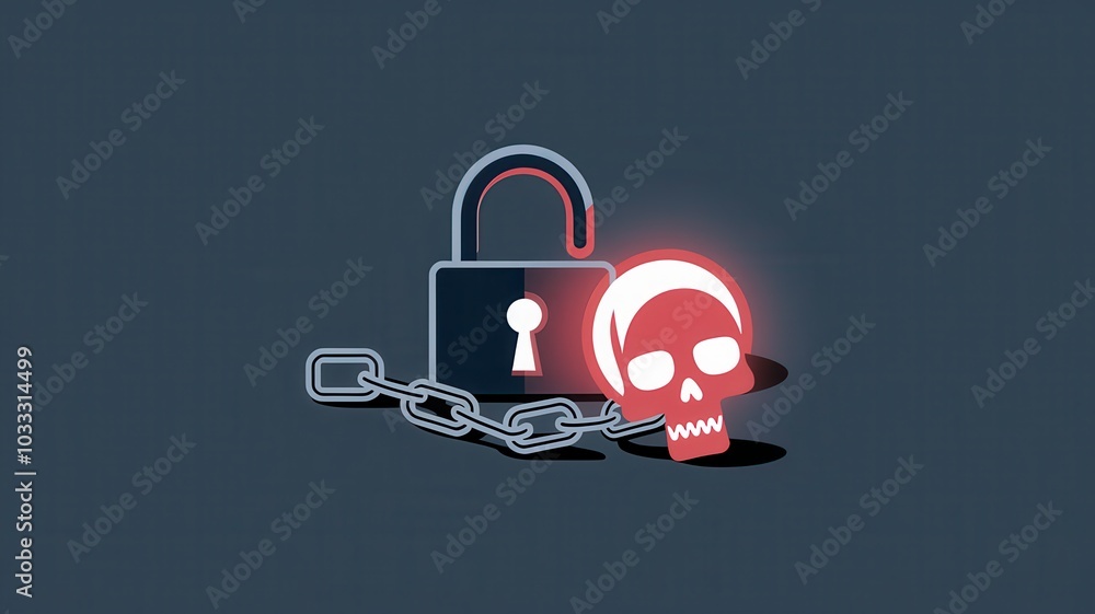 Poster locked padlock and skull symbol representing digital security threats cyber risks data breaches and 