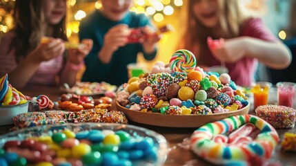 Colorful candy feast shared by joyful children