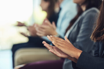 People, hands and applause in office for seminar, training presentation and welcome. Corporate...