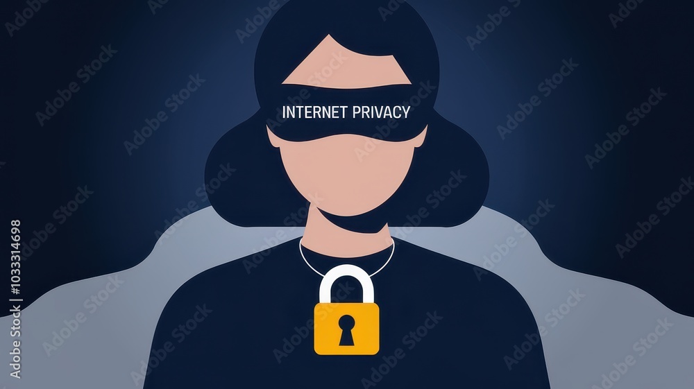Poster concept of internet privacy and data security with a person wearing a blindfold and a padlock symbol