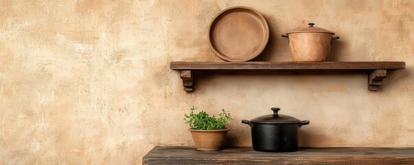 Vintage sepia shot of a rustic kitchen, with old wooden cabinets, cast iron pots, and a soft, warm glow from the sepia filter, 3D illustration