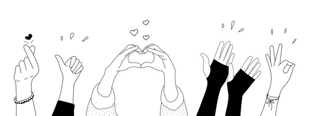 Doodle sketch hands up gestures comic icons silhouettes vector set. Group of line art fun comic hands in the air. Voting or happy congratulation audience recognition symbols.