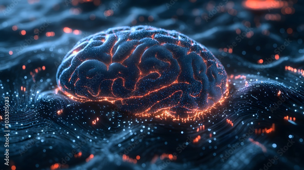 Aufkleber a glowing digital brain resting on a network of lines and dots