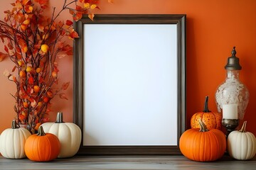 Cozy Autumn Decor with Blank Frame and Pumpkins