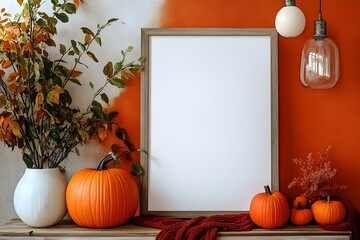 Cozy Autumn Decor with Blank Frame and Pumpkins