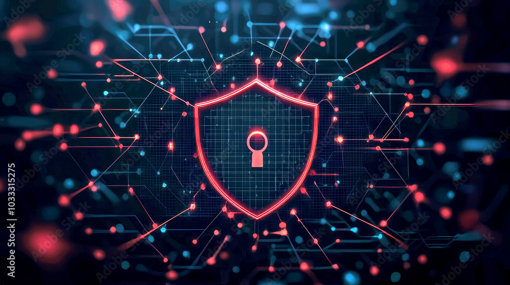 Poster digital shield with a lock symbol, representing cybersecurity and data protection.