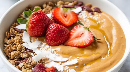 a fresh smoothie bowl topped with strawberries, coconut flakes, and granola