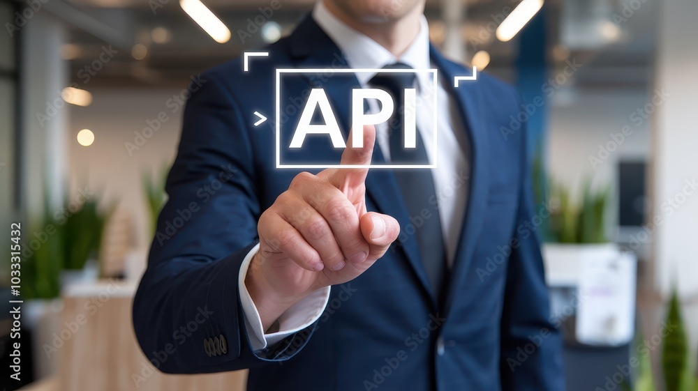 Poster api concept , businessman in suit touching screen of digital interface to analyze data and plan busi