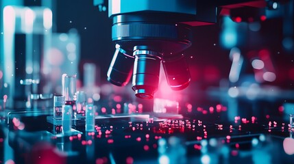 Microscope Lens Over a Surface of Red Objects in a Laboratory Setting