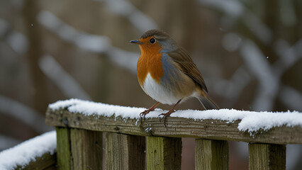 Winter European Robin perched on a garden fence.