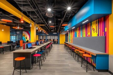 Modern Office Interior Design with Colorful Walls and Long Tables