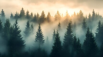 Misty Forest at Sunrise with Sunlight Piercing Through the Evergreens