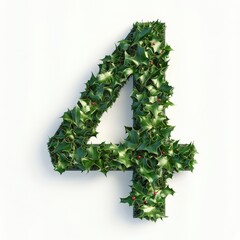 3D number 4 with holly leaves realistic modern design, soft lighting, white background