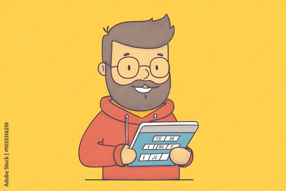 Poster flat style character calculating taxes on a digital tablet with a simple color palette