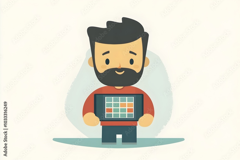 Aufkleber flat style character calculating taxes on digital tablet with three color palette