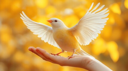 Fototapeta premium A hand gently holds a yellow bird with outstretched wings against a warm, autumn backdrop.